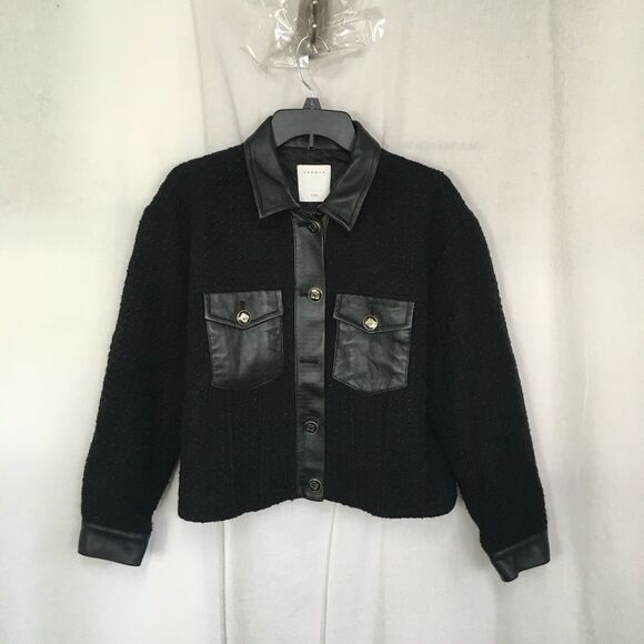 Sandro Black Cropped Leather Trim Button Front Tweed  Boucle Jacket Size 10 - Picture 6 of 17